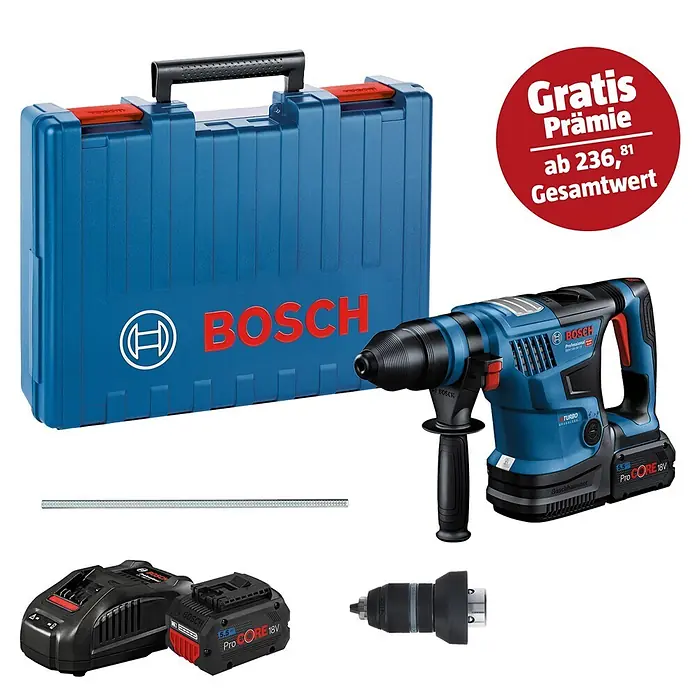 Bosch Professional AMPShare 18V Akku-Bohrhammer GBH 18V-34 CF - 18 V, 2 Akkus, 5,5 Ah, 5,8 J - Blauer Bosch Bohrhammer, Koffer, Ladegerät, zwei ProCORE 18V Akkus und ein Schnellspannbohrfutter.