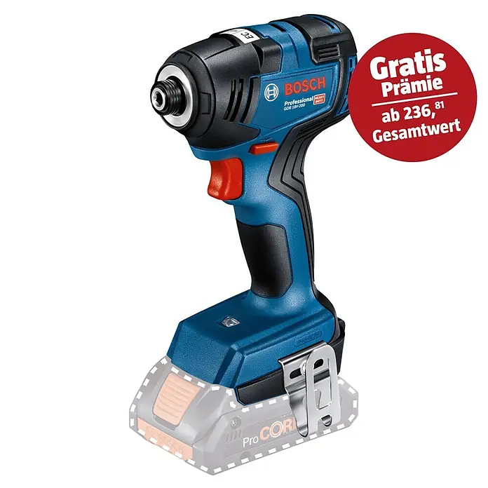 Bosch Professional AMPShare 18V Akku-Drehschlagschrauber GDR 18V-200 - 18 V, Ohne Akku, 200 Nm, Karton - Blauer und schwarzer Bosch Professional GDR 18V-200 Akku-Schlagschrauber mit teilweise sichtbarem ProCORE Akku und rotem 'Gratis Prämie' Abzeichen.