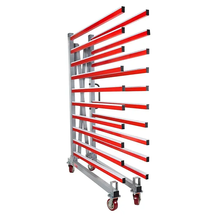 Holzmann Regalwagen TAW140 - H x B x T: 193 x 136 x 162 cm, Traglast pro Träger: 50 kg, Anzahl Fächer: 10 Stk., Grau/Rot - Mobiler Lagerregal mit roten horizontalen Stützstangen und grauem Rahmen, auf Rollen.