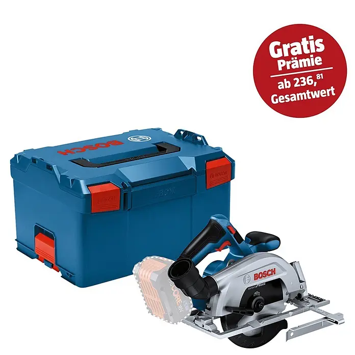 Bosch Professional AMPShare 18V Akku-Handkreissäge GKS 18V-57-2 Pro Solo - 18 V, Ohne Akku, 5.000 U/min - Blauer Bosch L-Boxx Werkzeugkoffer und akkubetriebene Bosch Kreissäge mit orangefarbenem Akku. Roter Aufkleber 'Gratis Prämie'.