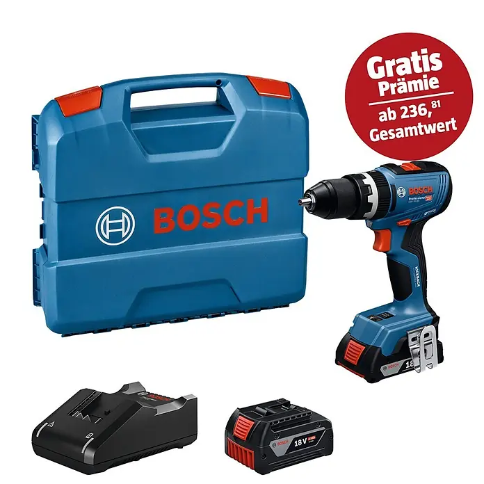 Bosch Professional AMPShare 18V Akku-Schlagbohrschrauber GSB 18V-65 - 18 V, 2 Akkus, 2 Ah - 4 Ah, 65 Nm - Blau-schwarzes Bosch Professional Akku-Bohrschrauber-Set mit Bohrer, Akku, Ladegerät und Transportkoffer.