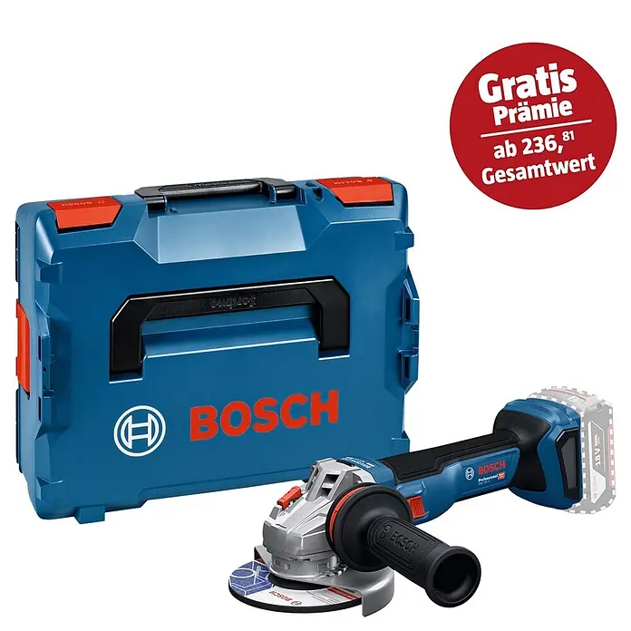 Bosch Professional AMPShare 18V Akku-Winkelschleifer GWS 18V-11 PRO SOLO - Ohne Akku, Durchmesser Scheibe: 125 mm - Kabelloser Bosch Winkelschleifer und blaue L-BOXX. Roter Kreis: Gratis Prämie ab 236,81 Gesamtwert.