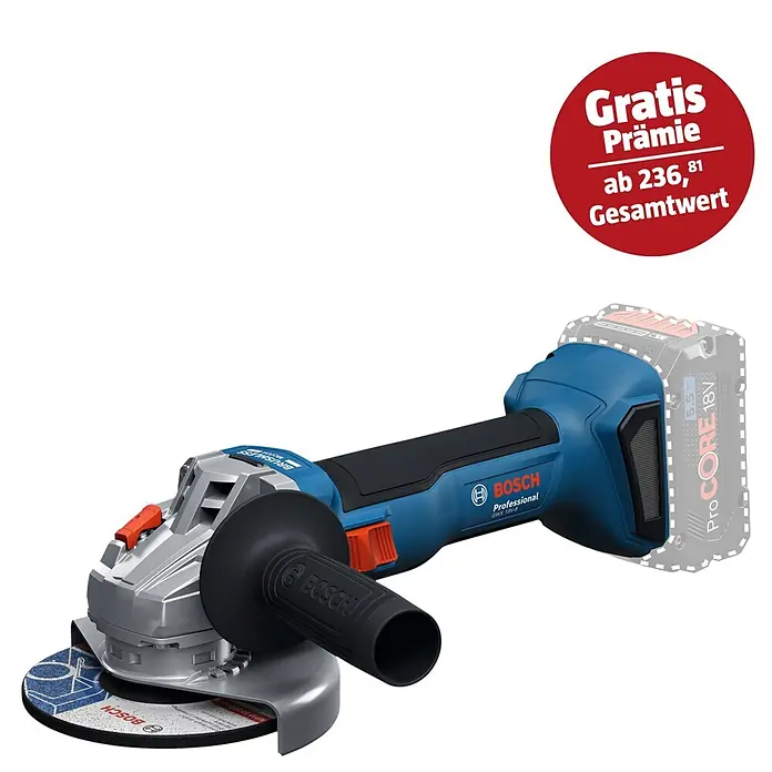 Bosch Professional AMPShare 18V Akku-Winkelschleifer GWS 18V-8 Pro Solo - 18 V, Ohne Akku, Durchmesser Scheibe: 125 mm - Blauer und schwarzer Bosch Professional Akku-Winkelschleifer mit silbernem Schutz und Schleifscheibe, mit angedeutetem 18V-Akku.