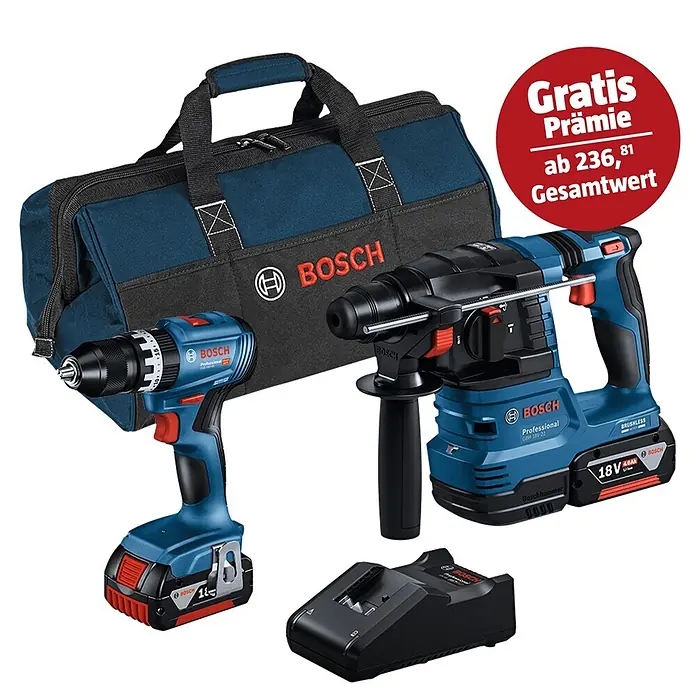 Bosch Professional AMPShare 18V Maschinen-Set 2-Tool-Kit GSB + GBH - 18 V, 2 Akkus, 4 Ah, 6 -tlg. - Bosch blau-schwarze Akku-Bohrmaschine, Bohrhammer, Ladegerät und Werkzeugtasche. Roter Aufkleber: 'Gratis Prämie ab 236,81 Gesamtwert'.