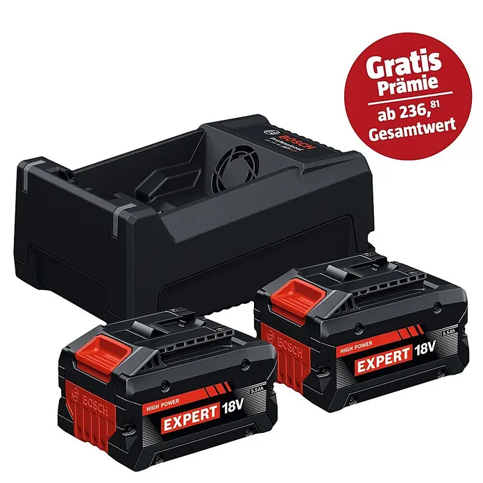 Bosch Professional AMPShare 18V Akku & Ladegerät Starter-Set Expert 2x EXBA18V-55 + GAL12V/18V-80 - 18 V, 2 Akkus, 5,5 Ah - Zwei schwarze und rote Bosch Expert 18V 5.5Ah Akkus mit einem schwarzen Bosch Professional Ladegerät.