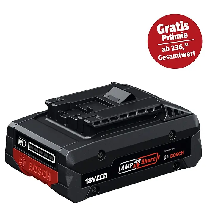 Bosch Professional AMPShare 18V Akku EXBA 18V-40 - 18 V, 4 Ah, 1 Akku - Schwarzer Bosch 18V 4Ah AMPShare Akku für Elektrowerkzeuge, mit roten Akzenten und weißer Schrift.