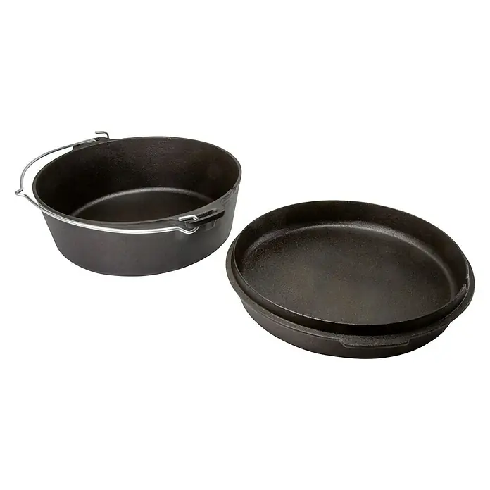 Petromax Dutch Oven - Ø x H: 36,4 x 20 cm, Gusseisen, 5,5 l, Mit Füßen - Das Bild zeigt einen gusseisernen Dutch Oven mit Deckel, ideal zum Kochen im Freien und für rustikale Gerichte.