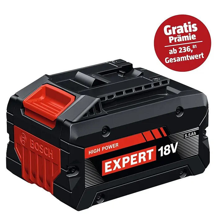 Bosch Professional AMPShare 18V Akku Expert - 18 V, 5,5 Ah, Li-Ionen - Schwarzer und roter Bosch 18V 5.5Ah HIGH POWER EXPERT Akku mit rotem Entriegelungsknopf oben.