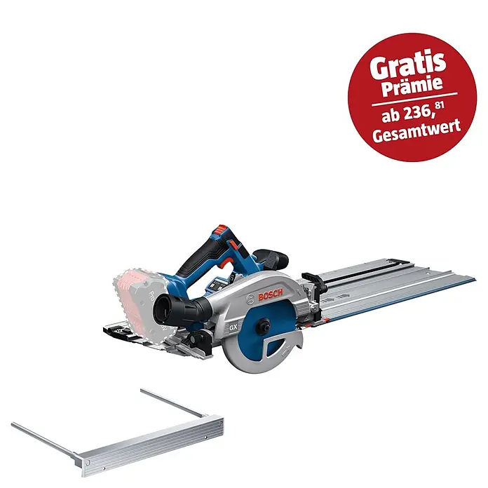 Bosch Professional AMPShare 18V Akku-Handkreissäge GKS 18V-57-2 GX PRO SOLO - 18 V, Ohne Akku, Durchmesser Sägeblatt: 165 mm, 5.000 U/min - Blaue und silberne Bosch Akku-Handkreissäge auf einer Metallschiene, mit zusätzlichem kleinem Führungszubehör.