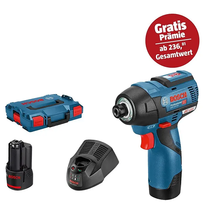 Bosch Professional AMPShare 18V Akku-Drehschlagschrauber PRO GDR 12V-110 - 12 V, 2 Akkus - Blauer und schwarzer Bosch Akku-Schlagschrauber, Akku, Ladegerät und L-Boxx Werkzeugkoffer.