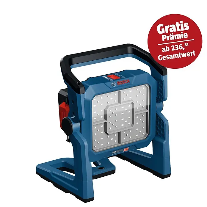 Bosch Professional AMPShare 18V LED-Akkustrahler GLI 18V-5000 C - 18 V, Ohne Akku, Lichtstrom: 5.000 lm - Blau-schwarze Bosch Professional LED-Arbeitsleuchte mit rotem Prämienangebot.