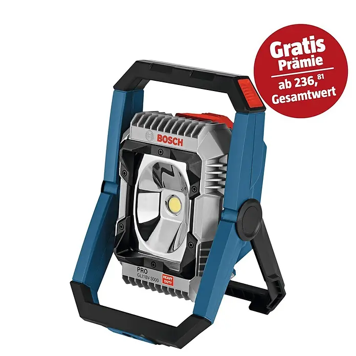 Bosch Professional AMPShare 18V LED-Akkustrahler PRO GLI18V-3000 - 18 V, Ohne Akku, Lichtstrom: 3.000 lm - Bosch blaue und schwarze LED-Arbeitsleuchte für den harten Einsatz mit heller Zentralleuchte.