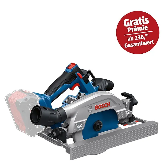 Bosch Professional AMPShare 18V Akku-Handkreissäge GKS 18V-57-2 GX Pro Solo - 18 V, Ohne Akku, Durchmesser Sägeblatt: 165 mm, 5.000 U/min - Bosch Akku-Kreissäge in Blau, Silber und Schwarz mit roten Akzenten und rotem 'Gratis Prämie' Sticker. Blasse Darstellung eines Akkupacks.