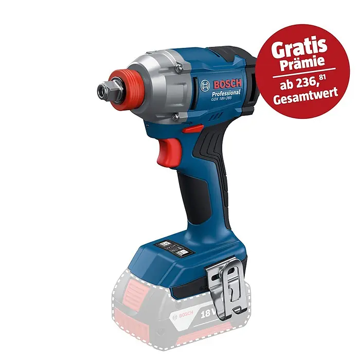 Bosch Professional AMPShare 18V Akku-Drehschlagschrauber GDX 18V-285 C - 18 V, Ohne Akku, 285 Nm - Blauer Bosch Professional Akku-Schlagschrauber GDX 18V-285 mit schwarzen Griffen und roten Akzenten, 18V-Akku unten angedeutet.