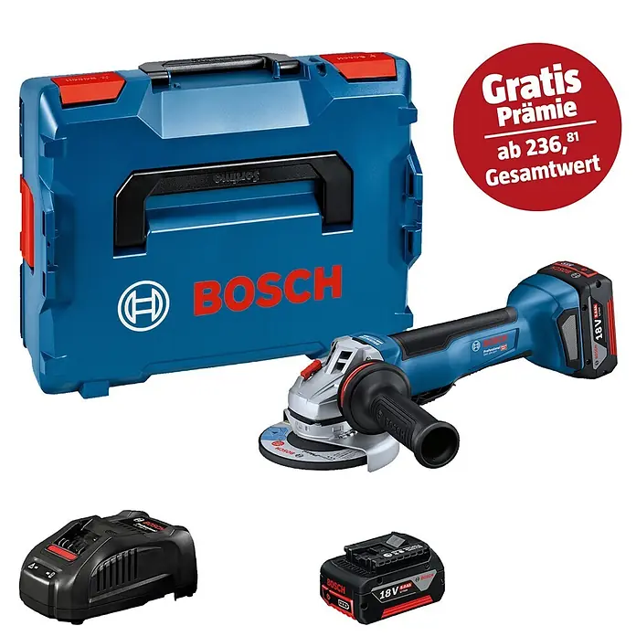 Bosch Professional AMPShare 18V Akku-Winkelschleifer GWS 18V-10 P PRO - 2 Akkus, Durchmesser Scheibe: 125 mm - Blauer Bosch 18V Akku-Winkelschleifer, Akku, Ladegerät und blaue Systembox.