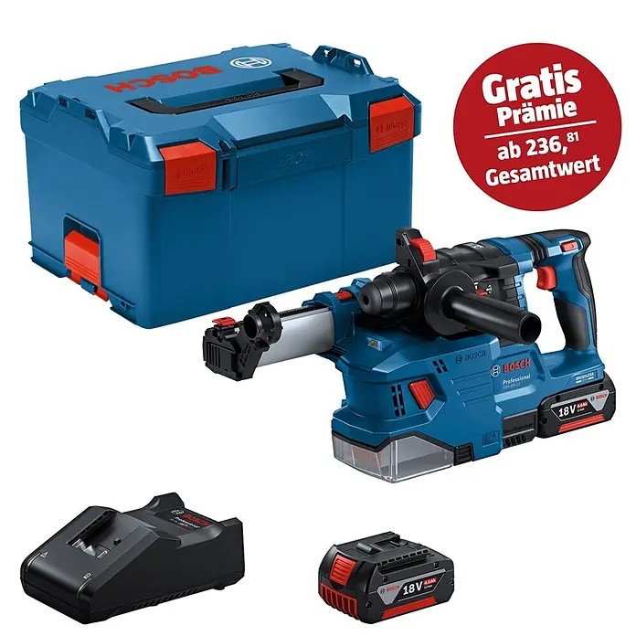 Bosch Professional AMPShare 18V Akku-Bohrhammer GBH 18V-22 GDE 18V-12 - 18 V, Ohne Akku, 1,9 J - Blaues und schwarzes Bosch Akku-Bohrhammer-Set mit Staubabsaugung, L-Boxx, Ladegerät und zwei 18V 4.0Ah Li-Ion Akkus.
