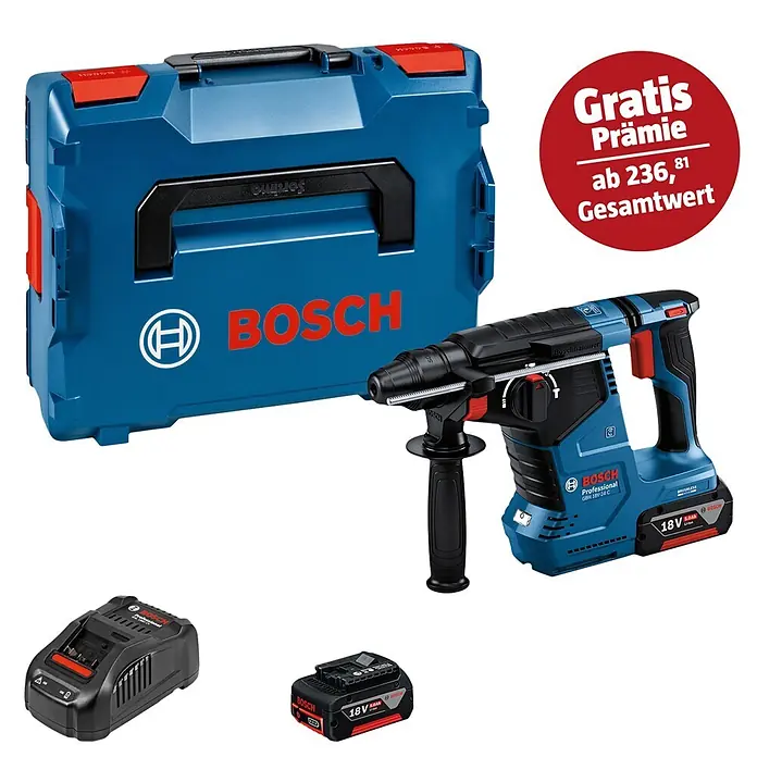 Bosch Professional AMPShare 18V Akku-Kombihammer GBH 18V-24 C - 18 V, 2 Akkus, 2,4 J - Bosch blau-schwarzes Akku-Bohrhammer-Set mit Koffer, Ladegerät und 18V 5.0Ah Akku.