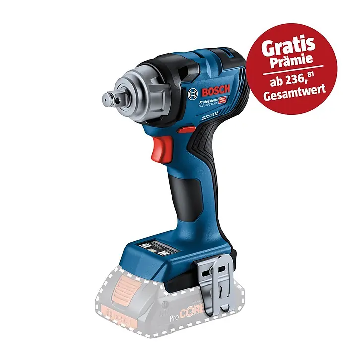 Bosch Professional AMPShare 18V Akku-Drehschlagschrauber GDS 18V-330 HC - 18 V, Ohne Akku, 330 Nm - Blauer und schwarzer Bosch Akku-Schlagschrauber mit rotem Abzug.