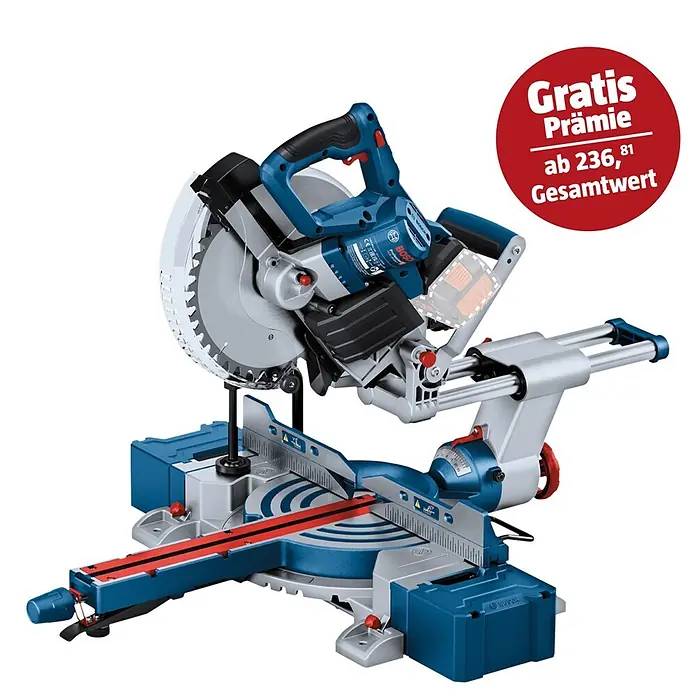 Bosch Professional AMPShare 18V Akku-Kapp- & Gehrungssäge GCM 18V-254 D - 18 V, Ohne Akku, 4.500 U/min - Eine blaue und silberne Bosch Professional Zug-Kappsäge mit großem Sägeblatt für präzise Holzzuschnitte.