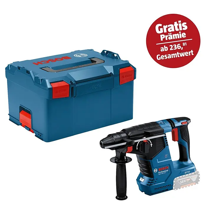 Bosch Professional AMPShare 18V Akku-Kombihammer GBH 18V-24 C - 18 V, Ohne Akku, 2,4 J - Blauer Bosch L-Boxx Werkzeugkoffer und blauer und schwarzer Bosch Professional 18V Akku-Bohrhammer.