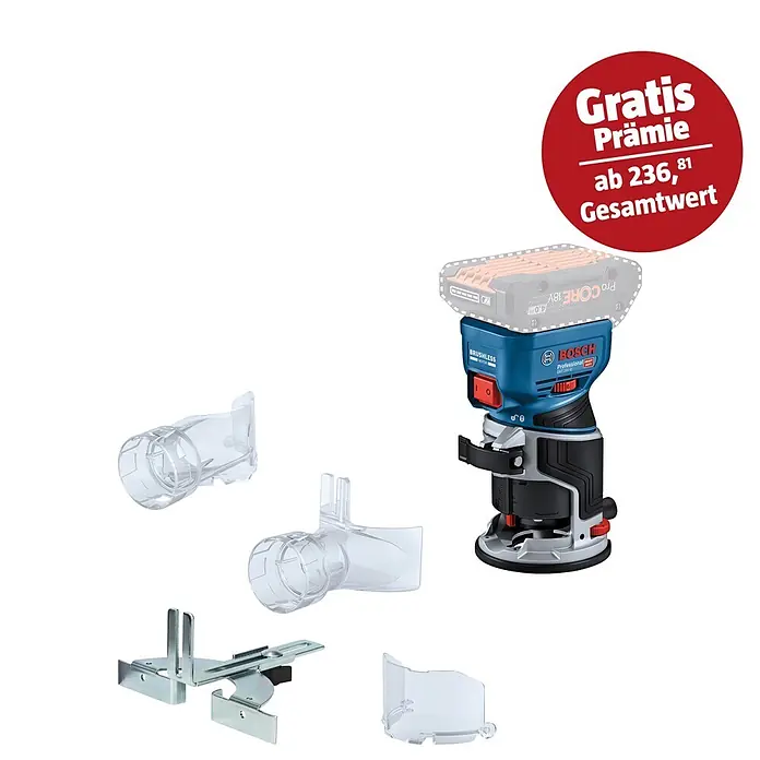 Bosch Professional AMPShare 18V Akku-Kantenfräser GKF 18V-8 PRO SOLO - 18 V, Ohne Akku, Leerlaufdrehzahl: 10.000 U/min - 30.000 U/min - Blau-schwarze Bosch Akku-Oberfräse mit Akku, zusammen mit transparenten Staubabsaugaufsätzen und einem Metall-Kantenanschlag.
