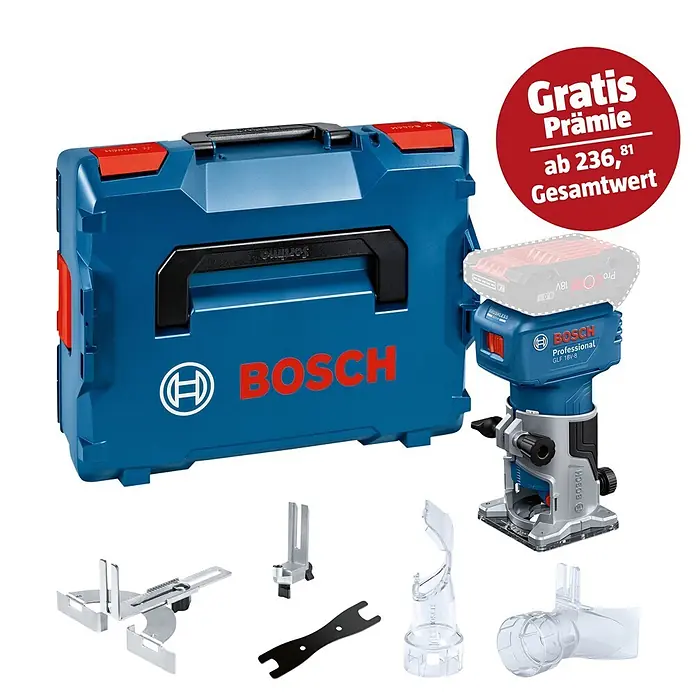 Bosch Professional AMPShare 18V Akku-Kantenfräser GLF 18V-8 PRO SOLO - 18 V, Ohne Akku, 10.000 U/min - 30.000 U/min, Inkl. L-Boxx - Blaue Bosch L-BOXX, ein blau-silberner Bosch Professional 18V Akku-Fräser mit Akku und diverses Fräszubehör.