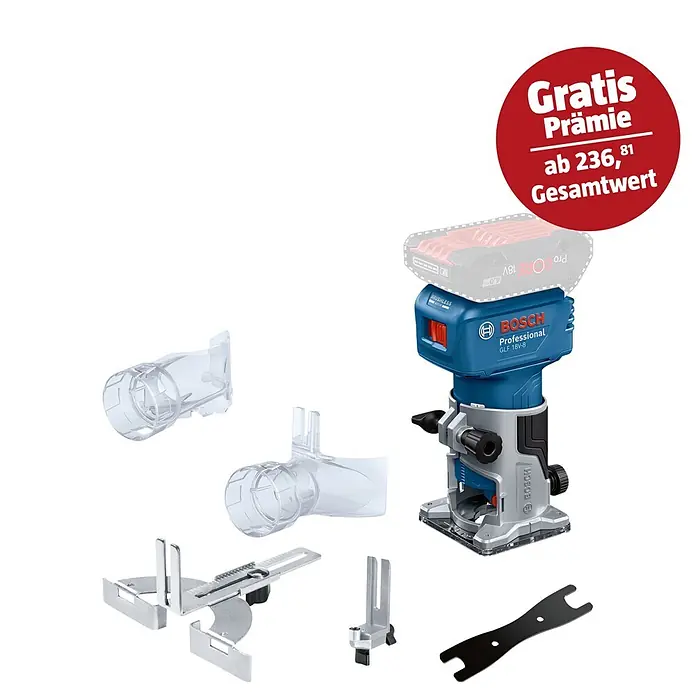 Bosch Professional AMPShare 18V Akku-Kantenfräser GLF 18V-8 PRO SOLO - 18 V, Ohne Akku, 10.000 U/min - 30.000 U/min, Ohne L-Boxx - Bosch Professional GLF 18V-8 Akku-Oberfräse in Blau-Silber mit Akku, Staubabsaugung, Anschlägen und Schraubenschlüssel.