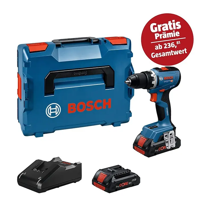 Bosch Professional AMPShare 18V Akku-Bohrschrauber GSR 18V-65 - 18 V, 2 Akkus, 4 Ah, 76 Nm, 2 x 4 Ah Akku, mit L-BOXX-Koffer - Blaues Bosch Akku-Bohrschrauber-Set mit Bohrer, Koffer, Ladegerät und ProCORE 18V Akku.