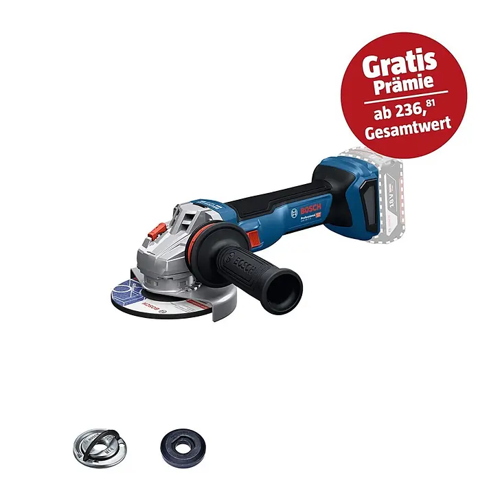 Bosch Professional AMPShare 18V Akku-Winkelschleifer GWS 18V-11 S PRO - Ohne Akku, Durchmesser Scheibe: 125 mm - Blauer Bosch Akku-Winkelschleifer mit schwarzem Griff und silbernem Kopf, inklusive montierter Schleifscheibe und zwei Befestigungszubehörteilen.