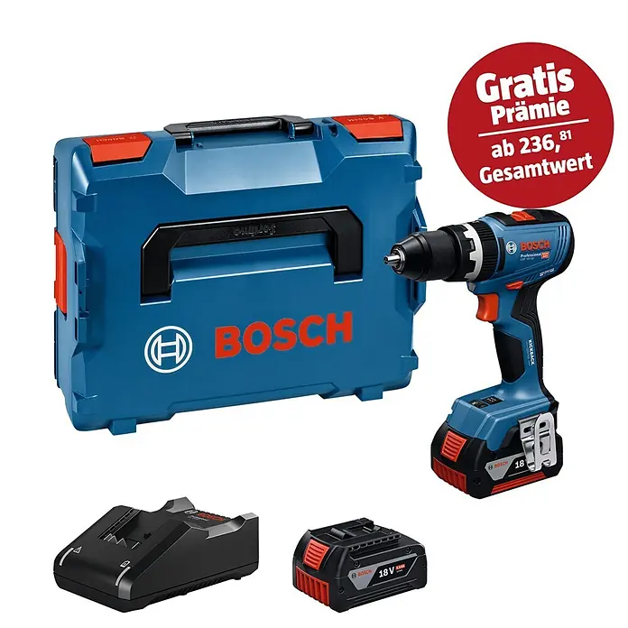 Bosch Professional AMPShare 18V Akku-Schlagbohrschrauber GSB 18V-65 - 18 V, 2 Akkus, 5 Ah, 63 Nm, 2 x 5 Ah Akku, L-BOXX 136N - Blauer Bosch Akku-Bohrschrauber-Set mit Koffer, Ladegerät und Akku.