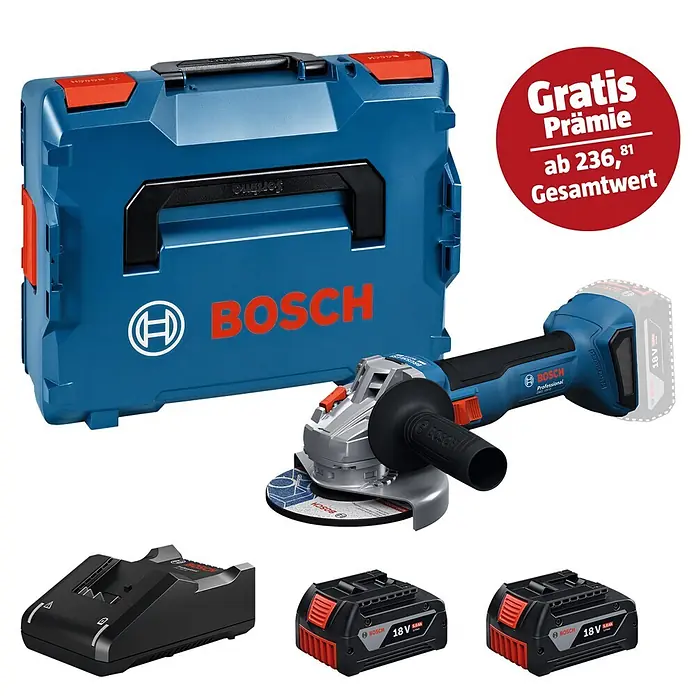 Bosch Professional AMPShare 18V Akku-Winkelschleifer GWS 18V-8 - 2 Akkus, Durchmesser Scheibe: 125 mm - Bosch Akku-Winkelschleifer-Set mit blauem Koffer, Ladegerät und zwei 18V Akkus.