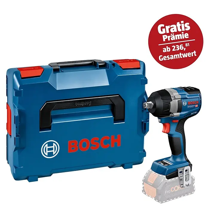 Bosch Professional AMPShare 18V Akku-Drehschlagschrauber GDS 18V-750 C - 18 V, Ohne Akku - Blauer Bosch Schlagschrauber, Akku, blauer L-BOXX Koffer und roter Kreis mit 'Gratis Prämie' Angebot.