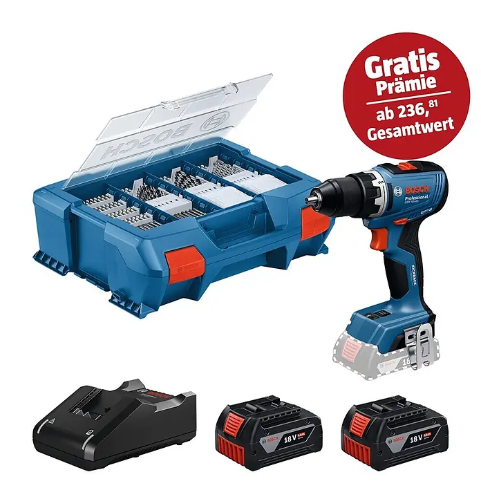 Bosch Professional AMPShare 18V Akku-Bohrschrauber GSR 18V-65 - 18 V, 2 Akkus, 4 Ah, 76 Nm, 2 x 4 Ah Akku, 1 x befüllter Werkzeug-Koffer - Blaues Bosch Akku-Bohrschrauber-Set mit Bit-Satz, Ladegerät und zwei 18V 4.0Ah Akkus.