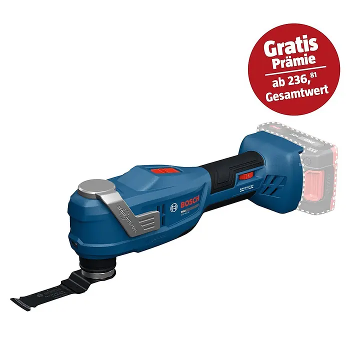 Bosch Professional AMPShare 18V Akku-Multitool GOP 18V-30 SOLO K - Ohne Akku, 18 V - Blau-schwarzes Bosch Akku-Multifunktionswerkzeug mit Klinge. Roter Overlay: 'Gratis Prämie ab 236,81 Gesamtwert'.