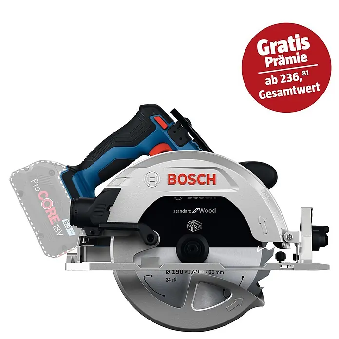 Bosch Professional AMPShare 18V Akku-Handkreissäge GKS 18V-68-2 SOLO - 18 V, Ohne Akku, Durchmesser Sägeblatt: 190 mm, 5.225 U/min - 5.775 U/min - Bosch Akku-Handkreissäge in Blau, Schwarz, Silber mit ProCORE 18V Akku und Holzsägeblatt.
