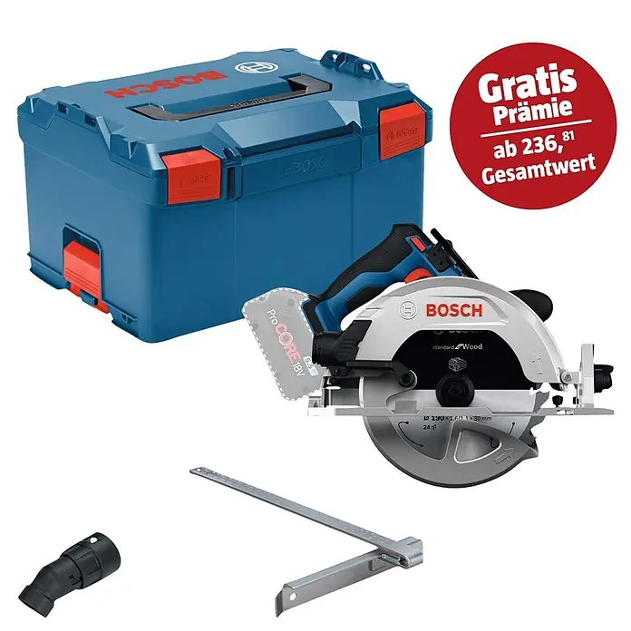 Bosch Professional AMPShare 18V Akku-Handkreissäge GKS 18V-68-2 SOLO - 19 V, Ohne Akku, Durchmesser Sägeblatt: 190 mm, 5.225 U/min - 5.775 U/min - Bosch L-Boxx, Akku-Kreissäge mit ProCORE 18V Akku, Staubadapter, Parallelanschlag und Gratis-Prämien-Aktion.