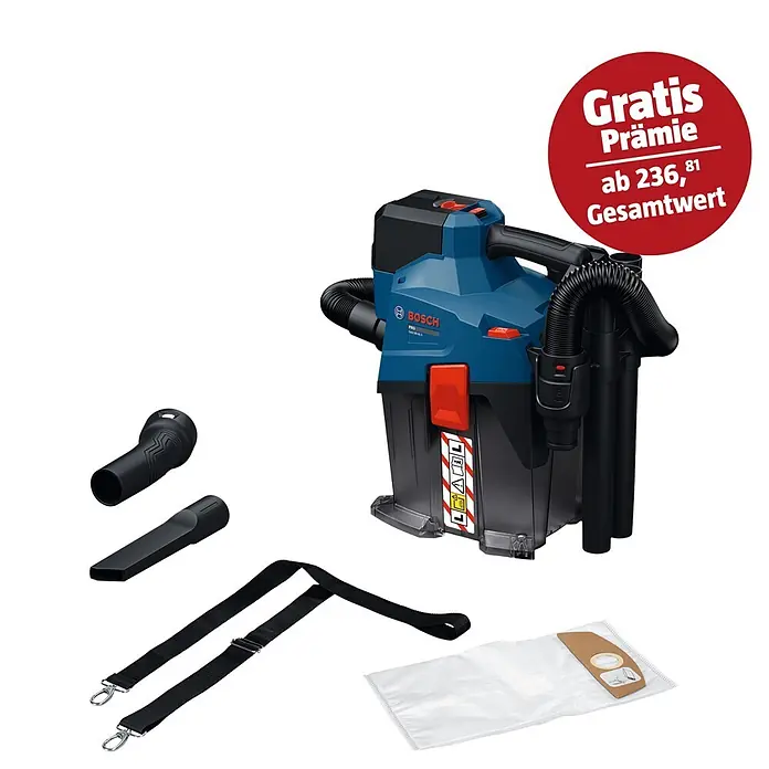 Bosch Professional AMPShare 18V Akku-Staubsauger GAS 18V-6 LS - 18 V, Behältervolumen: 4,5 l - Blauer und schwarzer Bosch Akku-Sauger mit flexiblem Schlauch, zwei Düsen, Schultergurt und einem Staubbeutel.
