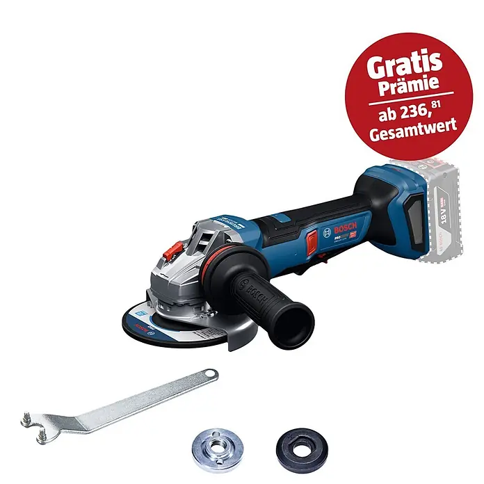 Bosch Professional AMPShare 18V Akku-Winkelschleifer GWS 18V-11 PS SOLO - Ohne Akku, Durchmesser Scheibe: 125 mm - Blauer und schwarzer Bosch 18V Akku-Winkelschleifer mit Akku, Zusatzhandgriff, Schlüssel und zwei Spannmuttern.