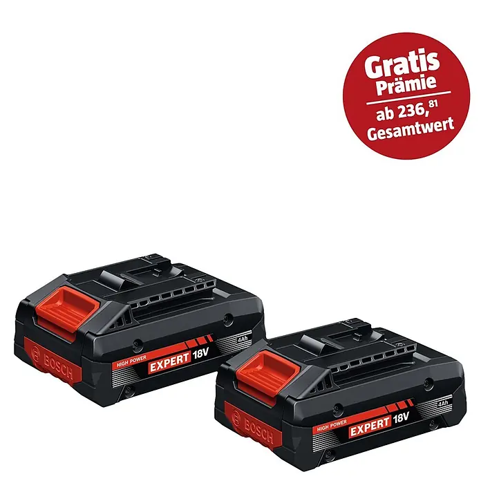 Bosch Professional AMPShare 18V Akku EXBA 18V-40 - 18 V, 4 Ah, 2 Akkus - Zwei schwarze Bosch Expert 18V 4Ah High Power Akkus mit roten Akzenten.