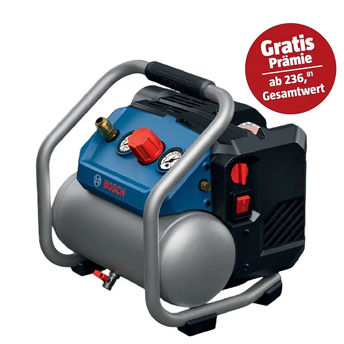Bosch Professional AMPShare 18V Akku-Kompressor GKO18V-51 - 18 V, 8 bar - Bosch Kompressor mit blau-schwarzem Gehäuse, grauem Tank und Schutzrahmen, roten Bedienelementen und Manometern.