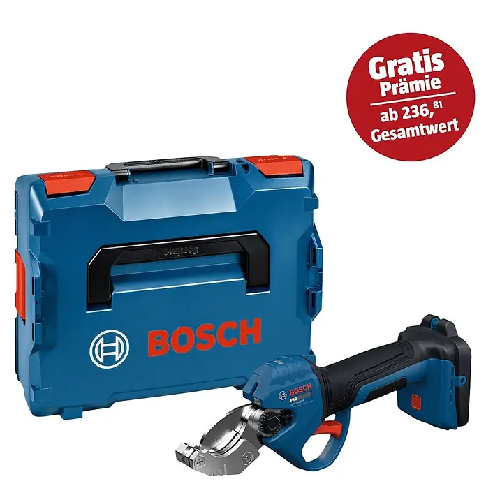 Bosch Professional AMPShare 18V Akku-Rohrschere GPC18V-32P - 18 V, Anzahl Akkus: Ohne Akku, Inkl. L-BOXX 136 - Blaues Bosch GPC 18V-32P Rohrschneidewerkzeug mit schwarzem Griff, daneben ein blauer Bosch L-Boxx Werkzeugkoffer.