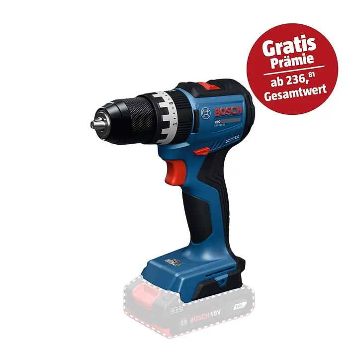 Bosch Professional AMPShare 18V Akku-Schlagbohrschrauber - 18 V, Ohne Akku, 70 Nm, Ohne L-BOXX 136 - Blauer und schwarzer Bosch Akku-Bohrschrauber mit rotem Abzug, 18V-Akku und einem roten Kreis mit 'Gratis Prämie'.