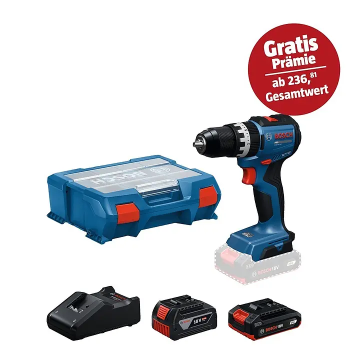 Bosch Professional AMPShare 18V Akku-Schlagbohrschrauber PRO GSB18V-52 - 18 V, 2 Akkus, 73 Nm, 2 Akkus, L-Case Pick and Click - Bosch Akku-Bohrschrauber blau/schwarz, blaue Box, schwarzes Ladegerät und zwei schwarze 18V Akkus.