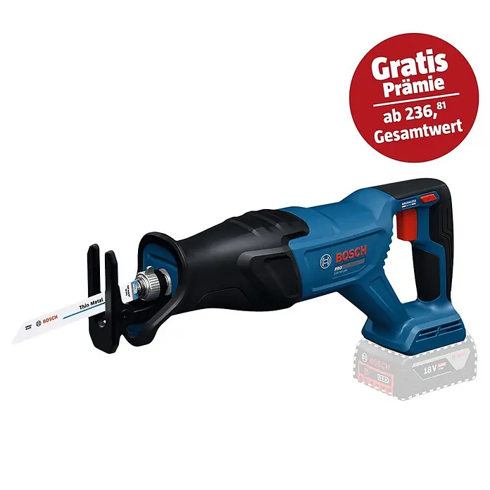 Bosch Professional AMPShare 18V Akku-Säbelsäge GSA18V-280 - 18 V, Ohne Akku, Leerlaufhubzahl: 0 /min - 3.100 /min - Blaue und schwarze Bosch Akku-Säbelsäge mit Sägeblatt für dünnes Metall und 18V-Akku.