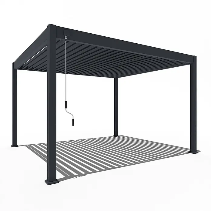 Weide Pergola Deluxe freistehend 3,6 x 4 m Anthrazit - Farbe Gestell: Sandpapier FinishAnthrazit / RAL Farbcode 7024, Aluminium - Dunkelgraue Metallpergola mit verstellbaren Lamellendachlatten, per Handkurbel bedienbar.