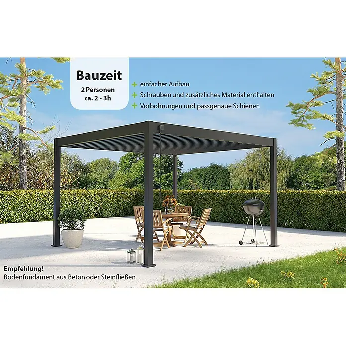 Weide Pergola Deluxe freistehend 3,6 x 4 m Anthrazit - Farbe Gestell: Sandpapier FinishAnthrazit / RAL Farbcode 7024, Aluminium - Dunkelgraue Pergola im Garten mit Outdoor-Essgarnitur und Grill darunter.