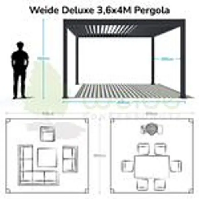 Weide Pergola Deluxe freistehend Aluminium 3,6 x 4 m Weiß - B x T: 400 x 360 cm, Farbe Gestell: Sandpapier FinishWeiss / RAL Farbcode 9016, Aluminium - Dunkelgraue Lamellen-Pergola, 3,6x4M, mit Maßen und Outdoor-Möbel-Layout-Beispielen.