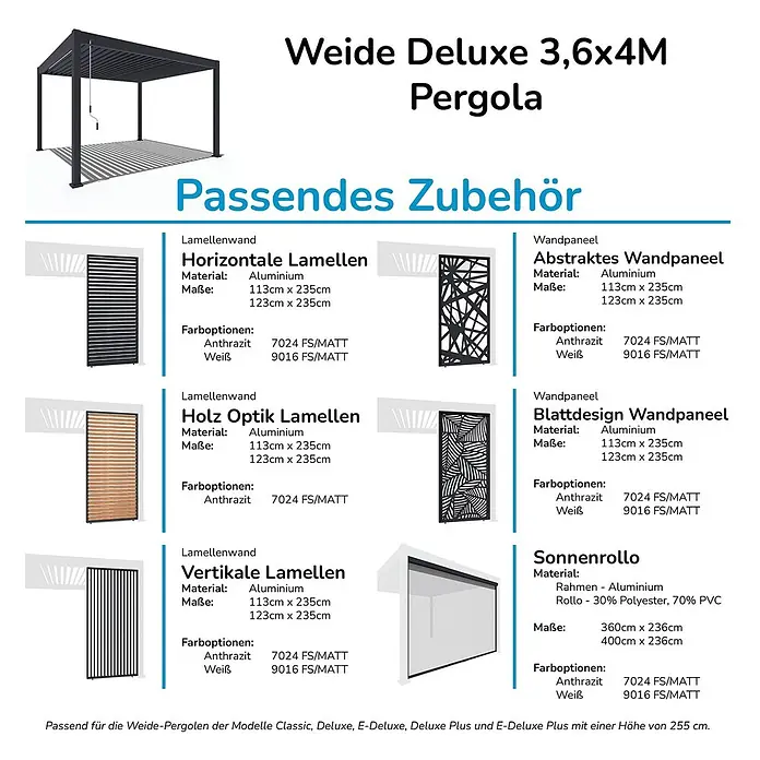 Weide Pergola Deluxe freistehend Aluminium 3 x 4 m Ivory-Sand - B x T: 400 x 300 cm, Farbe Gestell: Sandpapier FinishIvory Sand / RAL Farbcode 7024, Aluminium - Übersicht passender Zubehörteile für Weide Deluxe Pergolen: Lamellenwände, Wandpaneele und Sonnenrollo in verschiedenen Ausführungen und Farben.