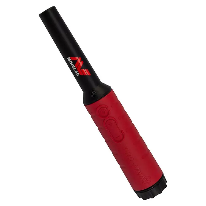 Minelab Metalldetektor PRO-FIND 40 Pinpoint - L x B x H: 50 x 50 x 250 mm - Rot-schwarzer Minelab PRO-FIND 40 Pinpointer Metalldetektor mit Bedientasten und Logo.