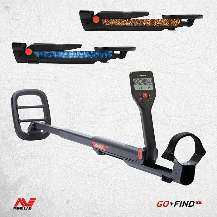 Minelab Metalldetektor GO-FIND 22 U-Light - L x B x H: 130 x 210 x 1.300 mm - Minelab GO-FIND 22 Metalldetektor (montiert) und zwei zusammengeklappte Versionen mit austauschbaren Armlehnen in Schlangen- und Krokodilmuster.